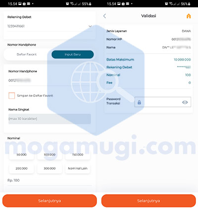 Masukan no tujuan dan nominal isi saldo